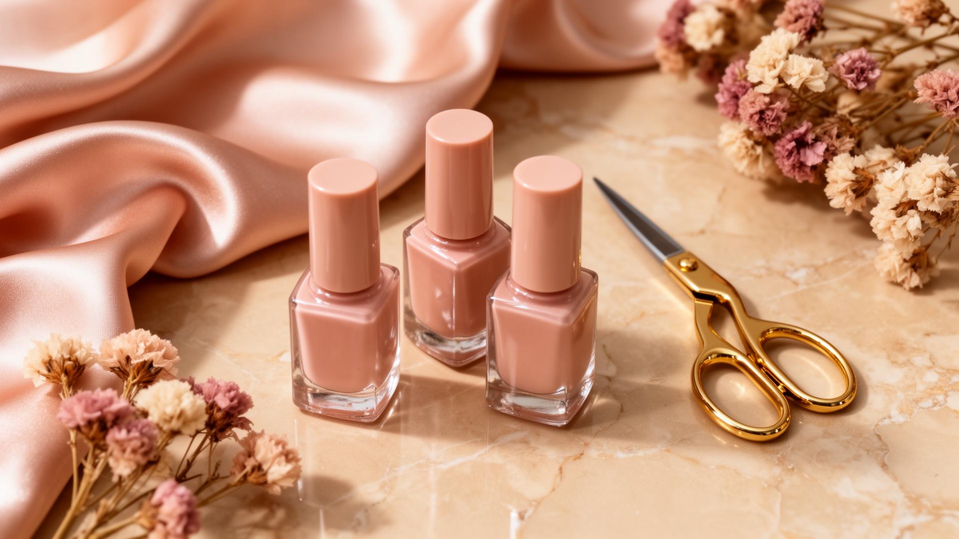 Glossy nude nail polish on champagne marble